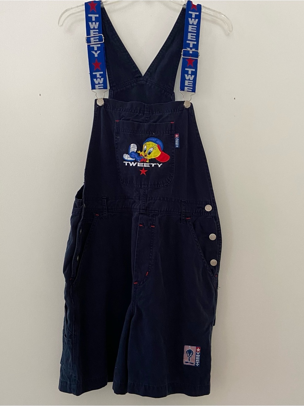 Vintage 90s Looney Tunes Tweety Bird Embroidered Overall Shorts Size Small Navy